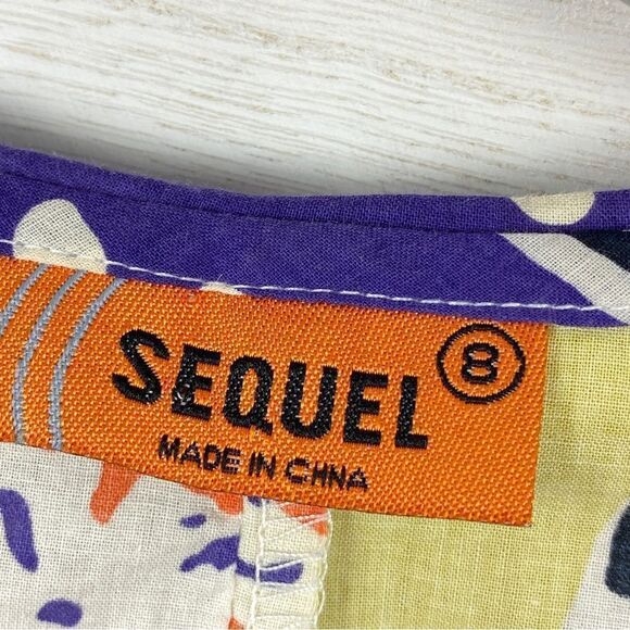 Sequel Abstract Paisley Tie Neck Panel Button Front Shirt Purple Multi 8 - Picture 8 of 12
